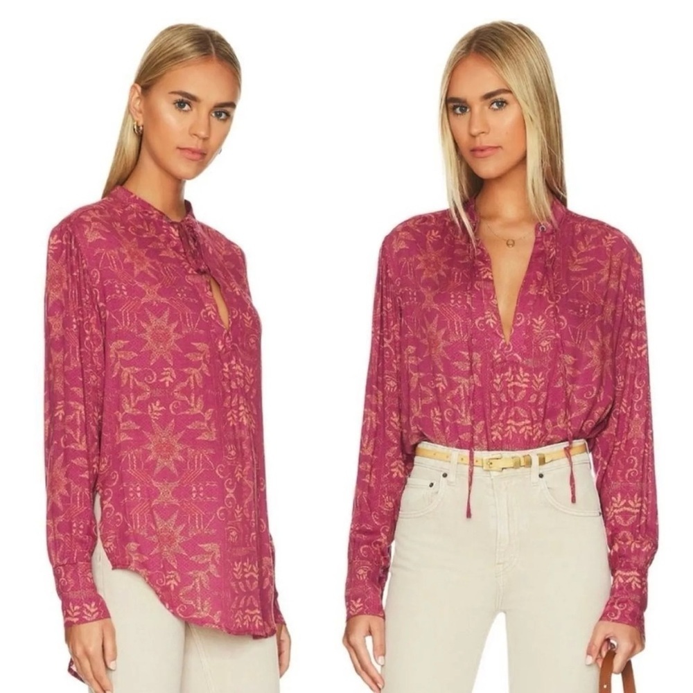 Free People Mia Tunic Women’s Pink Rouge Split Neck Long Sleeve Drapey‎ Boho S